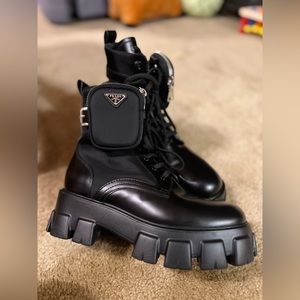 Prada Monolith Combat Boots Leather and Nylon Black EU 40
